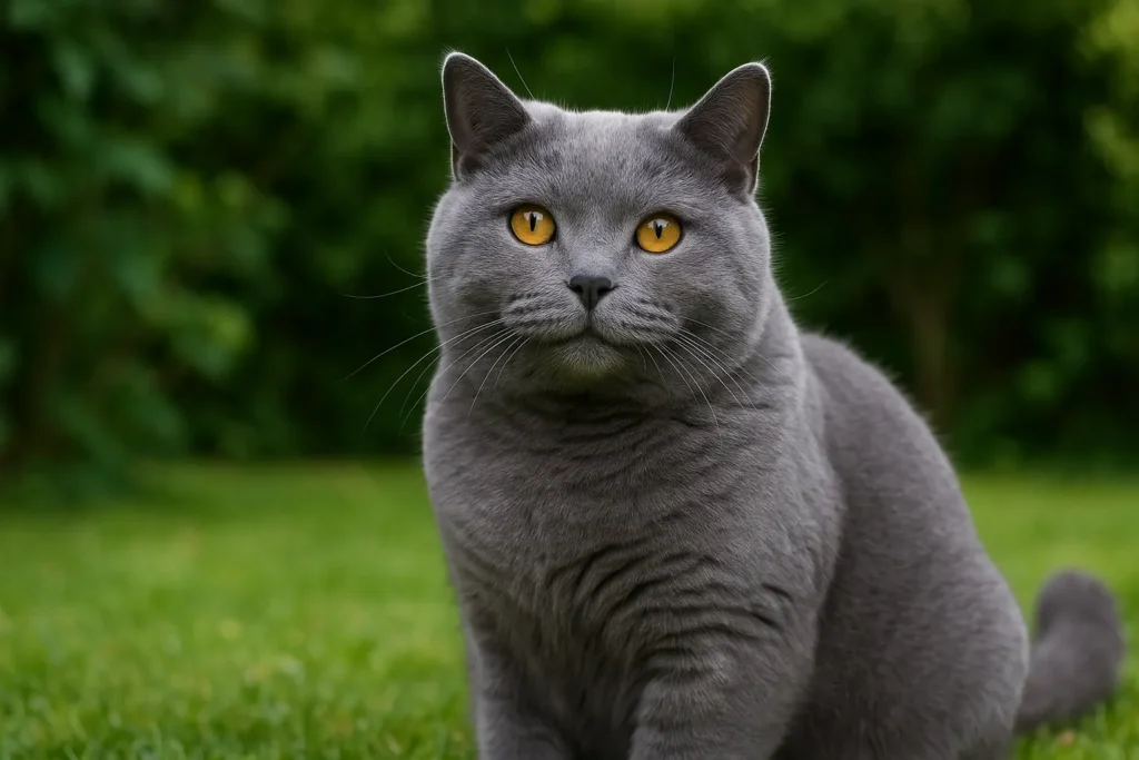 Chat Chartreux assis sur l’herbe dans un jardin verdoyant, regardant l’objectif avec ses yeux ambrés.