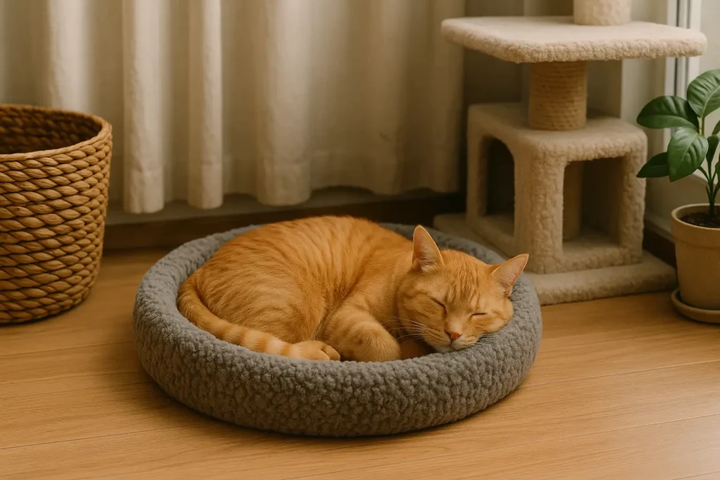 Chat roux endormi dans un panier douillet gris, près d’un arbre à chat et d’une plante verte, dans un coin cosy baigné de lumière naturelle.