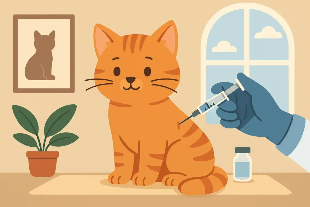 Chaton roux recevant une injection chez le vétérinaire dans un cabinet chaleureux.