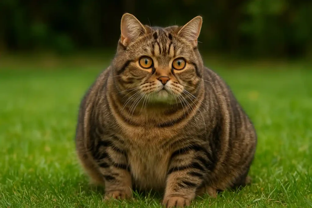 Un chat Manx tigré, trapu et sans queue, assis sur une pelouse verte, observant l'horizon avec des yeux dorés expressifs.
